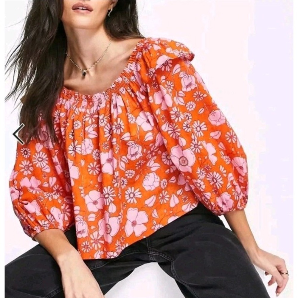 Free People Miss Daisy Floral Smock Peasant Puff Sleeve Blouse Orange Pink Sz S